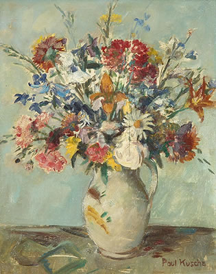 Blumenstrauß in bemaltem Tonkrug. by Paul Kusche - Auction record, sale price, and art valuation. Compare with similar artists and explore comparable artworks.