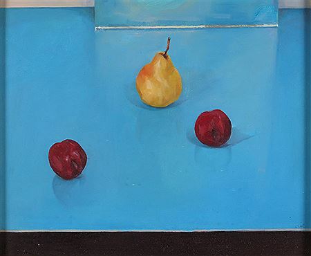 Two plums, 1 pear on blue