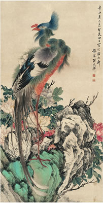 GORGEOUS PEONY AND RARE BIRD