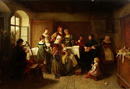 Zwingli im Familienkreis in der Zürcher Altstadt mit Fensterausblick auf das Fraumünster